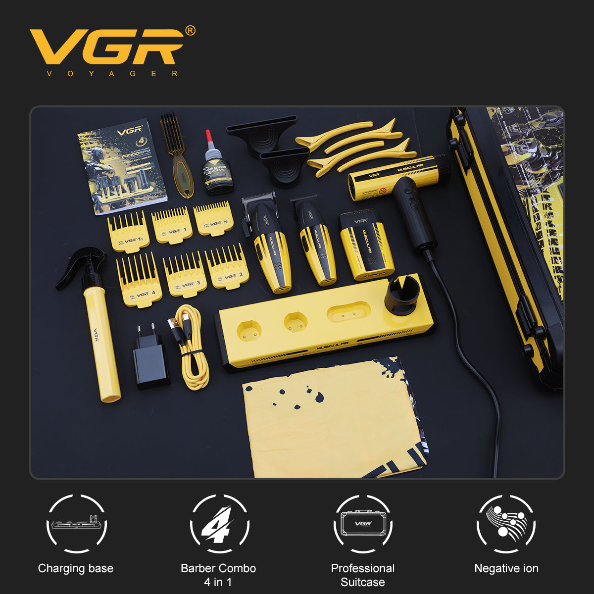 VGR V-285 S4 – complete professional barber set with case, guide combs and accessories